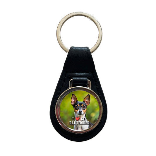 I Love My Rat Terrier Dog Heart Black Leather Metal Keychain