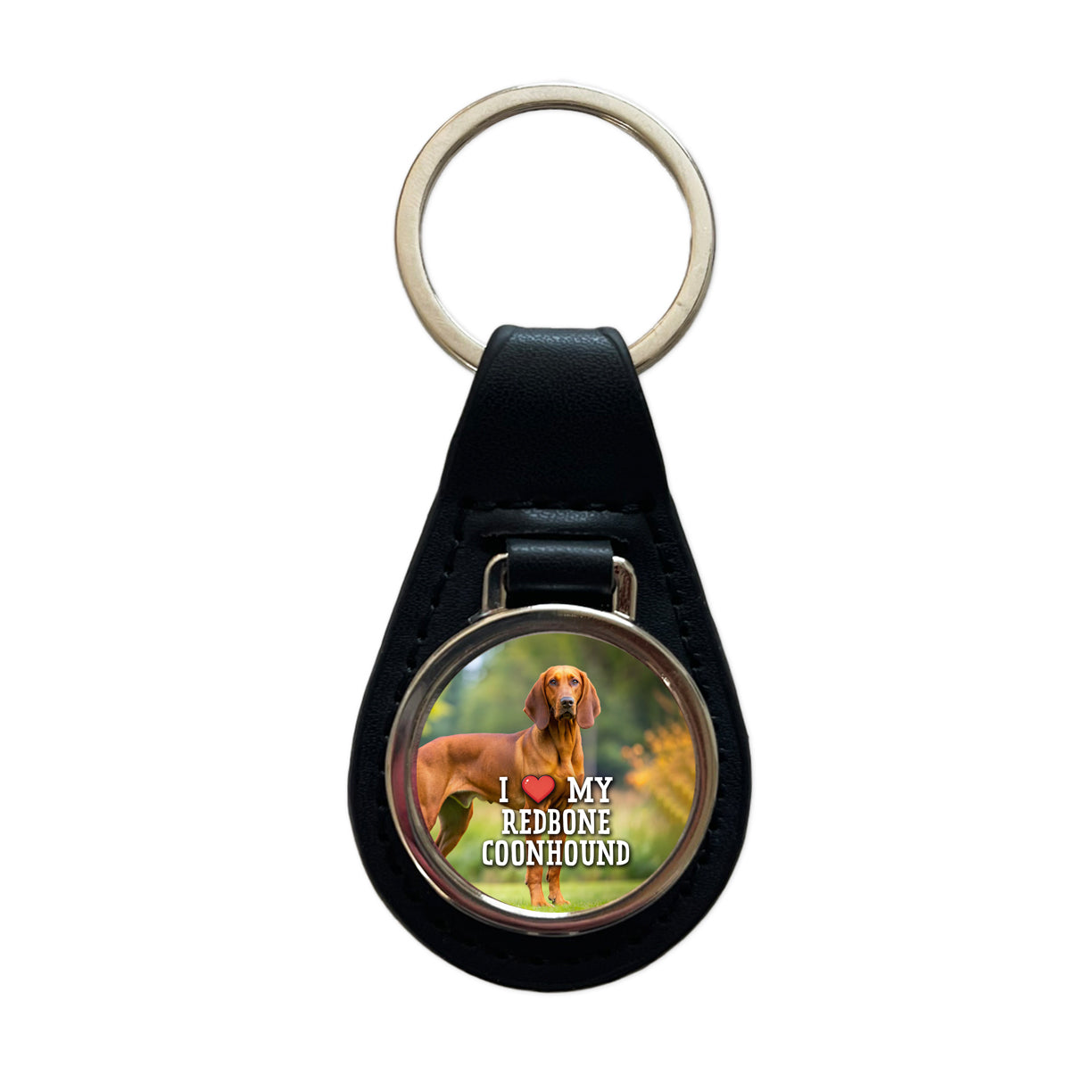 I Love My Redbone Coonhound Dog Heart Black Leather Metal Keychain