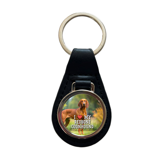I Love My Redbone Coonhound Dog Heart Black Leather Metal Keychain