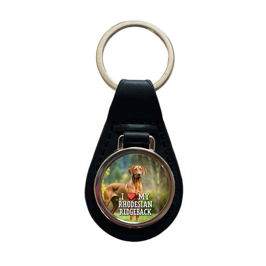 I Love My Rhodesian Ridgeback Dog Heart Black Leather Metal Keychain