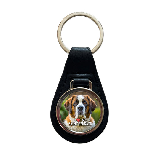 I Love My Saint Bernard Dog Heart Black Leather Metal Keychain