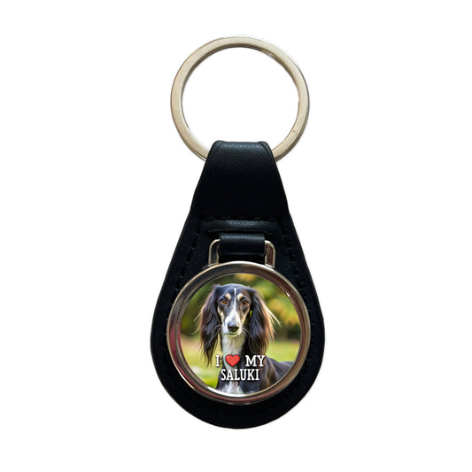 I Love My Saluki Dog Heart Black Leather Metal Keychain