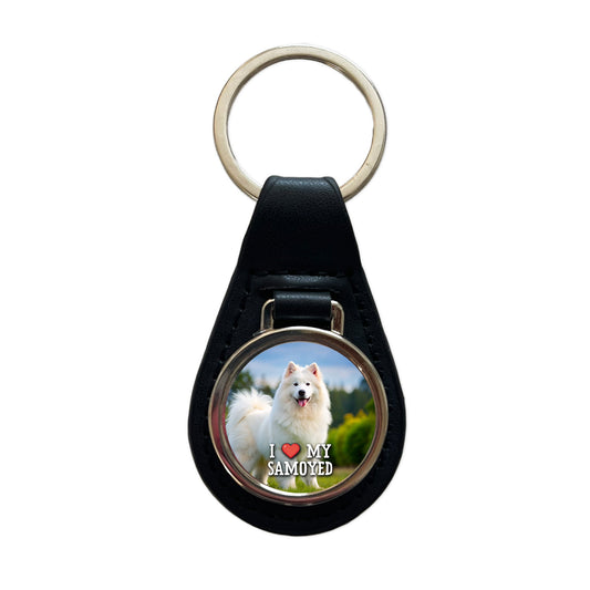I Love My Samoyed Dog Heart Black Leather Metal Keychain