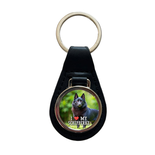 I Love My Schipperke Dog Heart Black Leather Metal Keychain