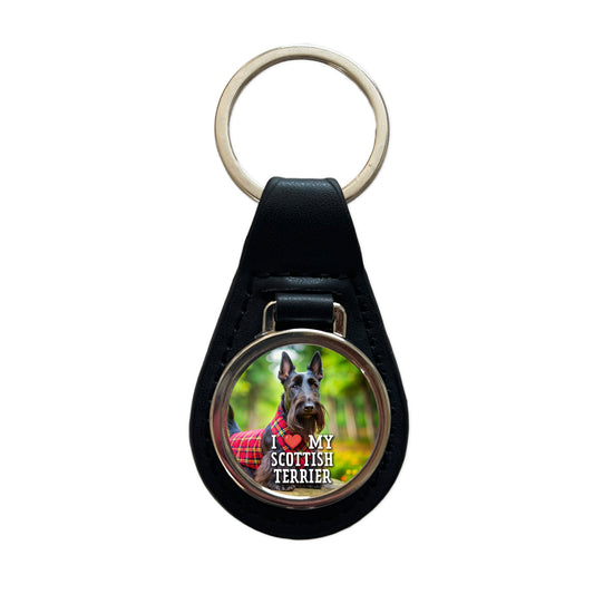 I Love My Scottish Terrier Dog Heart Black Leather Metal Keychain