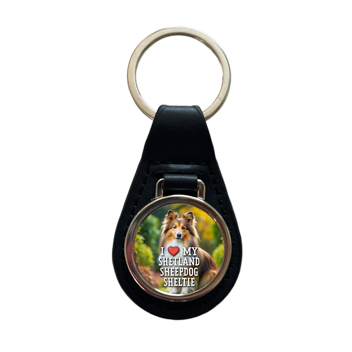 I Love My Shetland Sheepdog Sheltie Dog Heart Black Leather Metal Keychain