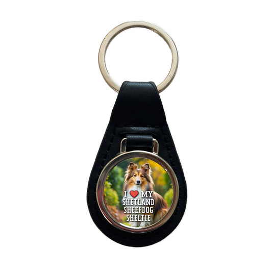 I Love My Shetland Sheepdog Sheltie Dog Heart Black Leather Metal Keychain