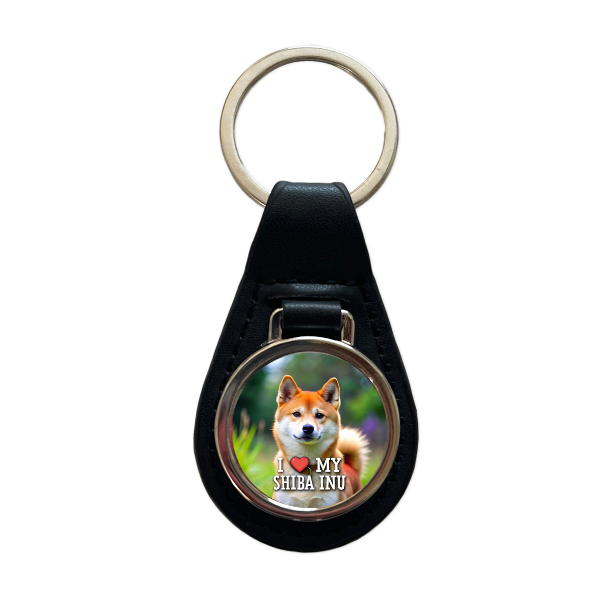 I Love My Shiba Inu Dog Heart Black Leather Metal Keychain