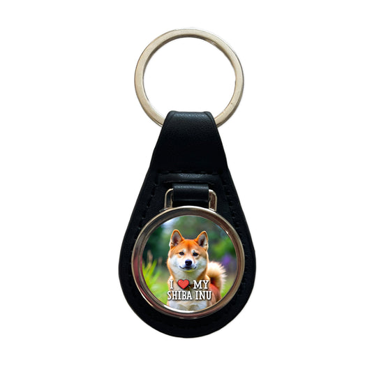 I Love My Shiba Inu Dog Heart Black Leather Metal Keychain
