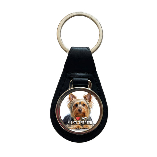 I Love My Silky Terrier Dog Heart Black Leather Metal Keychain