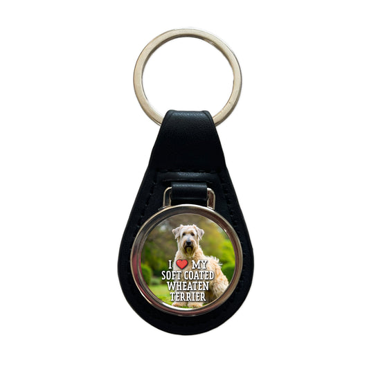 I Love My Soft Coated Wheaten Terrier Dog Heart Black Leather Metal Keychain