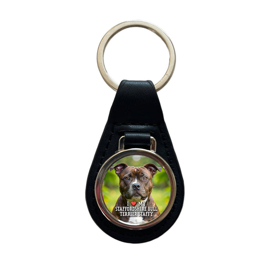 I Love My Staffordshire Bull Terrier Staffy Dog Heart Black Leather Metal Keychain