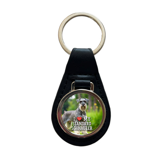 I Love My Standard Schnauzer Dog Heart Black Leather Metal Keychain
