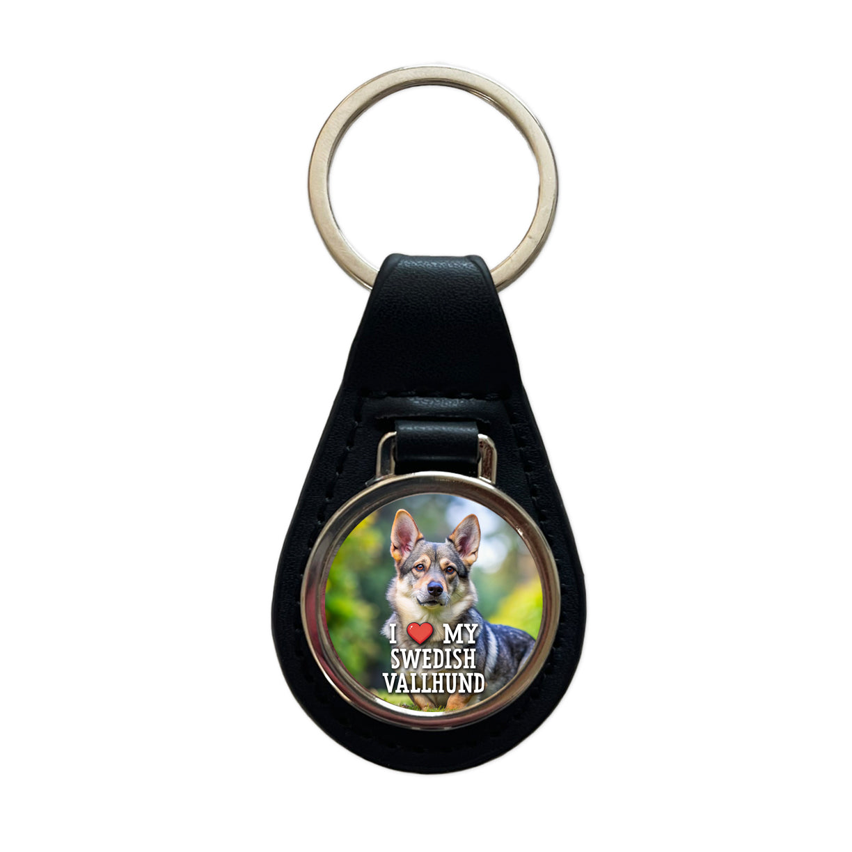 I Love My Swedish Vallhund Dog Heart Black Leather Metal Keychain