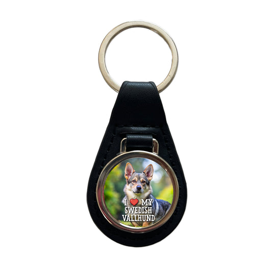 I Love My Swedish Vallhund Dog Heart Black Leather Metal Keychain