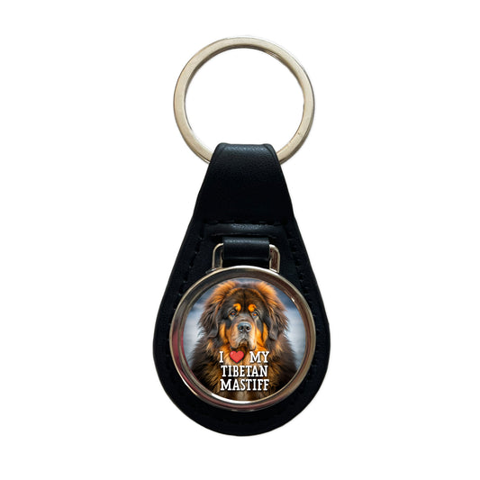 I Love My Tibetan Mastiff Dog Heart Black Leather Metal Keychain