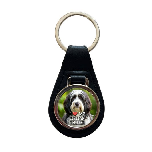 I Love My Tibetan Terrier Dog Heart Black Leather Metal Keychain