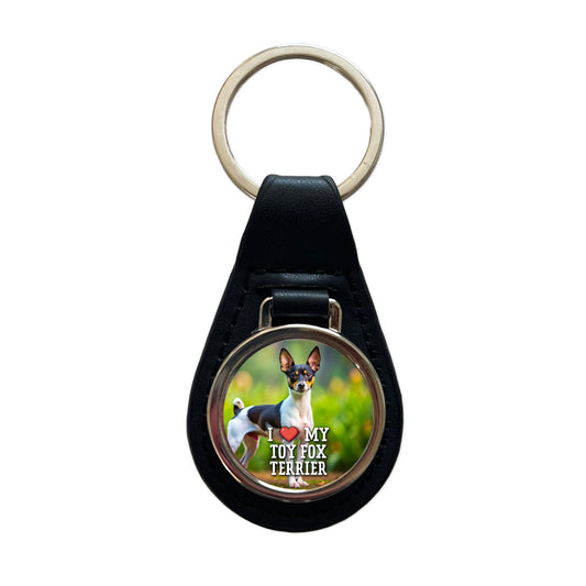 I Love My Toy Fox Terrier Dog Heart Black Leather Metal Keychain