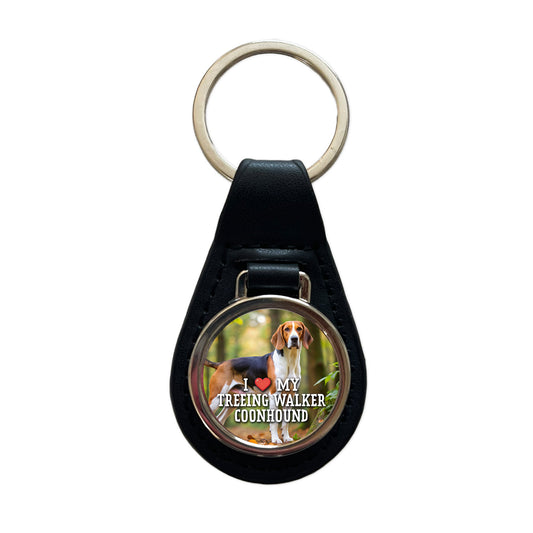 I Love My Treeing Walker Coonhound Dog Heart Black Leather Metal Keychain