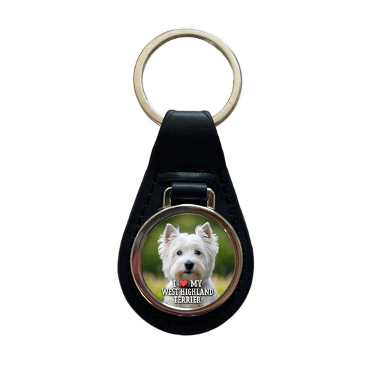 I Love My West Highland Terrier Dog Heart Black Leather Metal Keychain