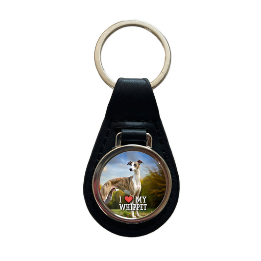 I Love My Whippet Dog Heart Black Leather Metal Keychain