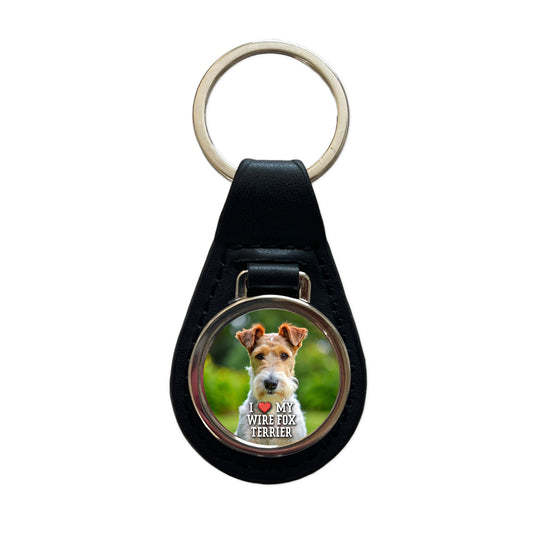 I Love My Wire Fox Terrier Dog Heart Black Leather Metal Keychain