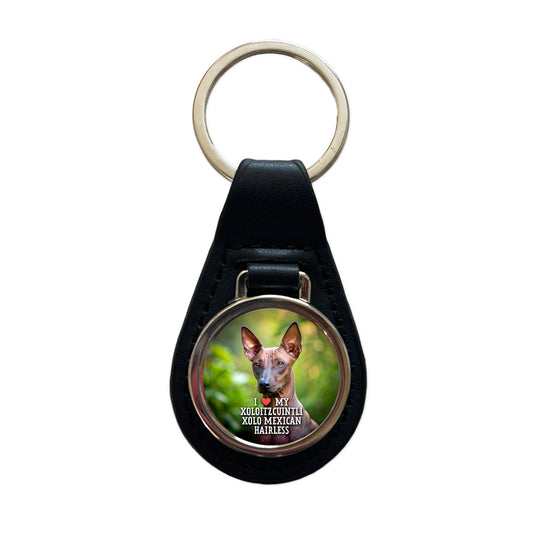 I Love My Xoloitzcuintli Xolo Mexican Hairless Dog Heart Black Leather Metal Keychain