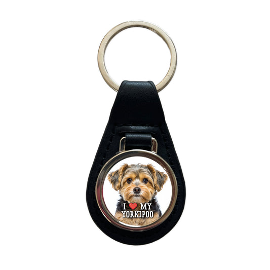 I Love My Yorkipoo Dog Heart Black Leather Metal Keychain
