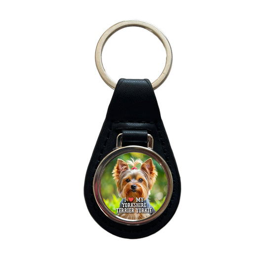 I Love My Yorkshire Terrier Yorkie Dog Heart Black Leather Metal Keychain