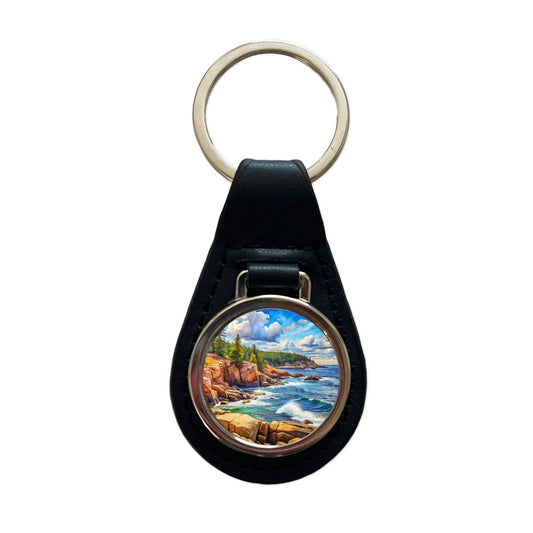 Acadia National Park Maine Watercolor Style Black Leather Metal Keychain