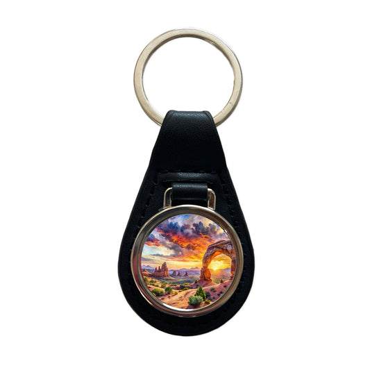 Arches National Park Utah Watercolor Style Black Leather Metal Keychain