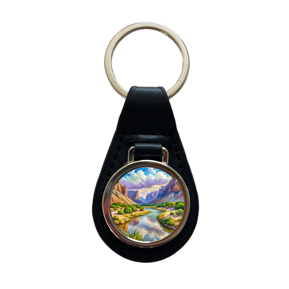 Big Bend National Park Texas Watercolor Style Black Leather Metal Keychain
