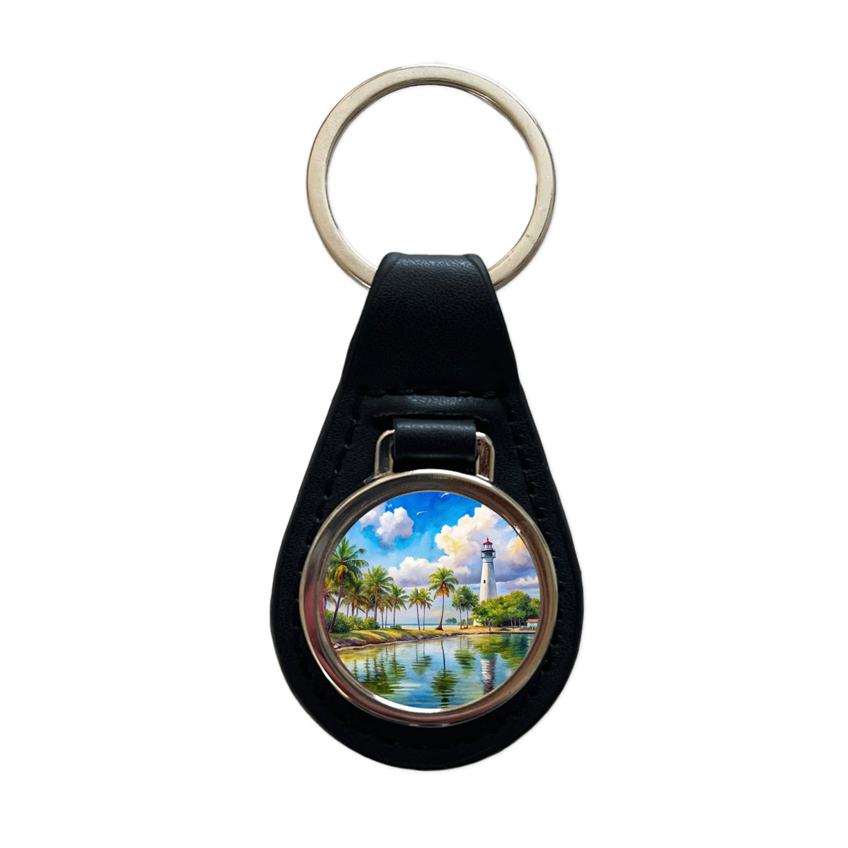 Biscayne National Park Florida Watercolor Style Black Leather Metal Keychain