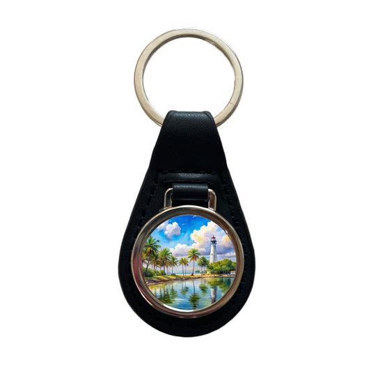 Biscayne National Park Florida Watercolor Style Black Leather Metal Keychain