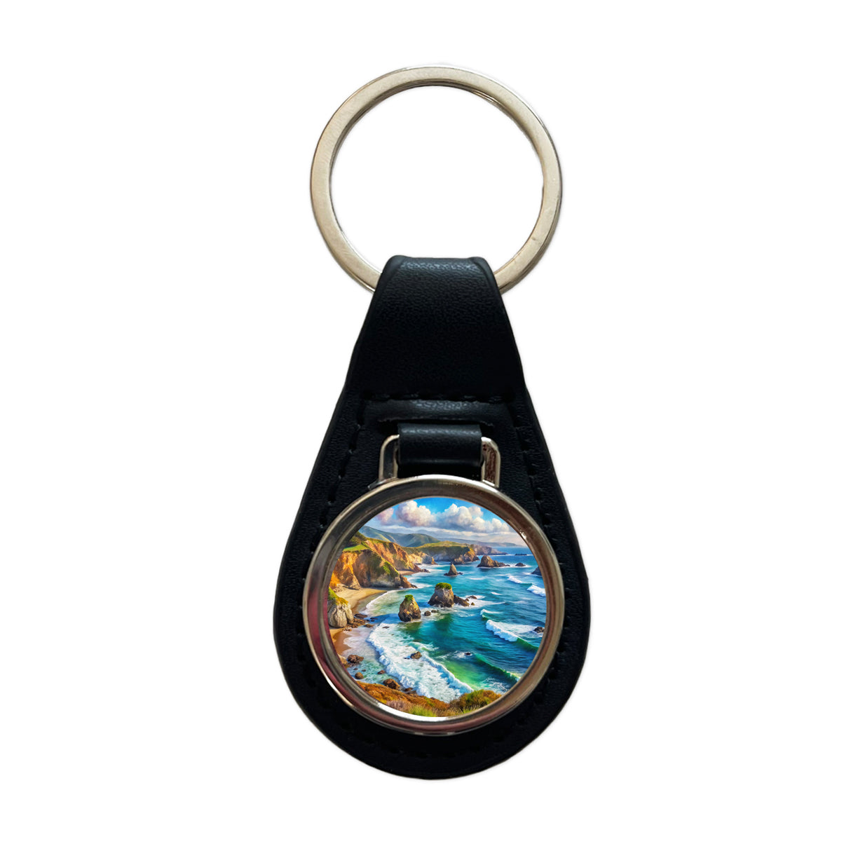 California Coastal National Monument California Watercolor Style Black Leather Metal Keychain