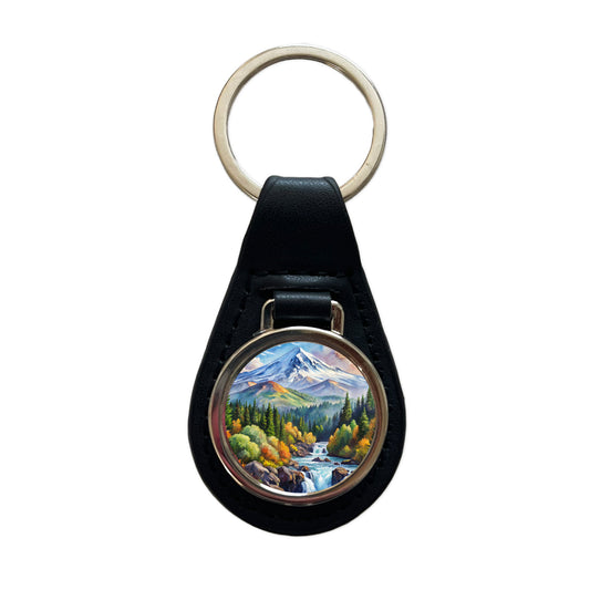 Cascade - Siskiyou National Monument California, Oregon Watercolor Style Black Leather Metal Keychain