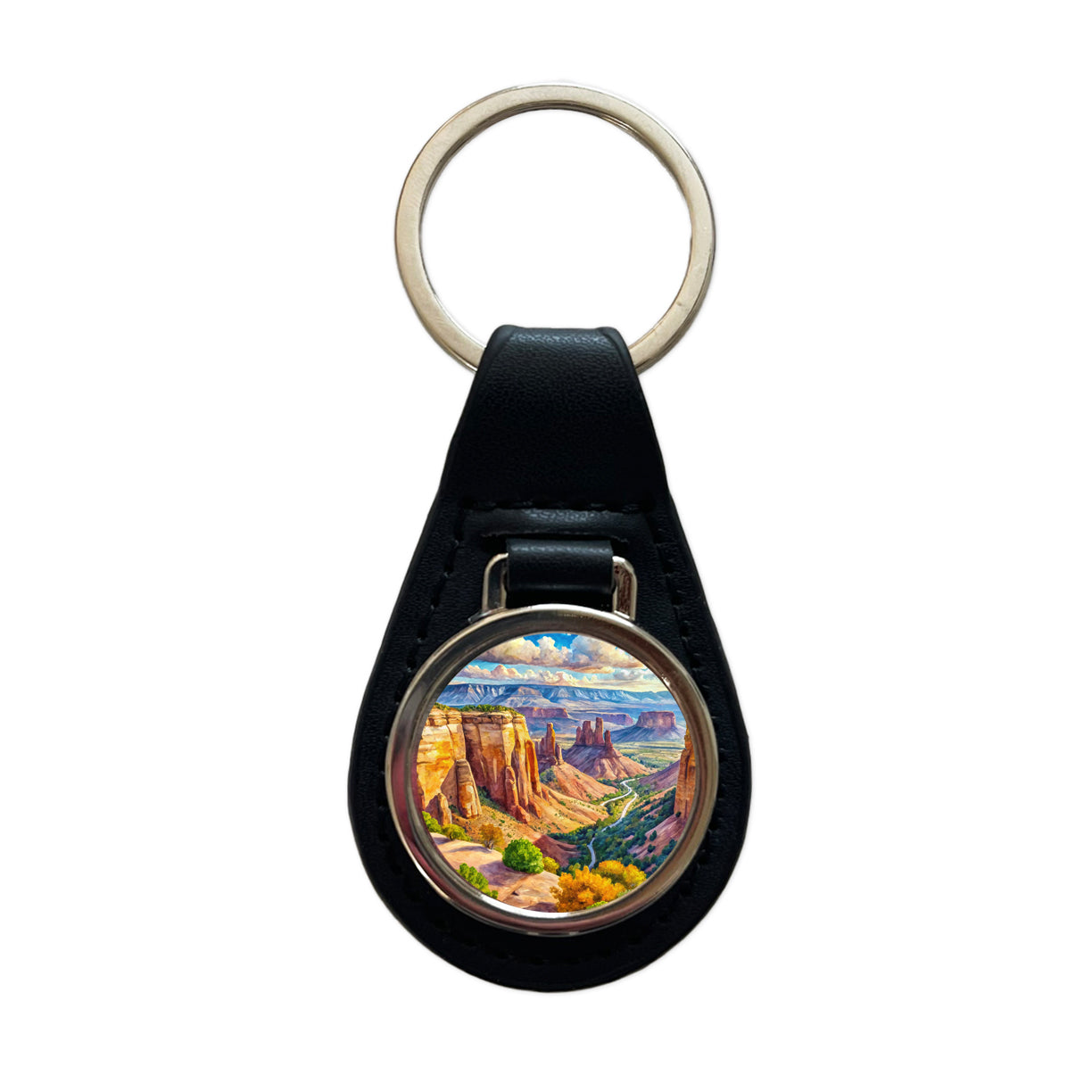 Colorado National Monument Colorado Watercolor Style Black Leather Metal Keychain