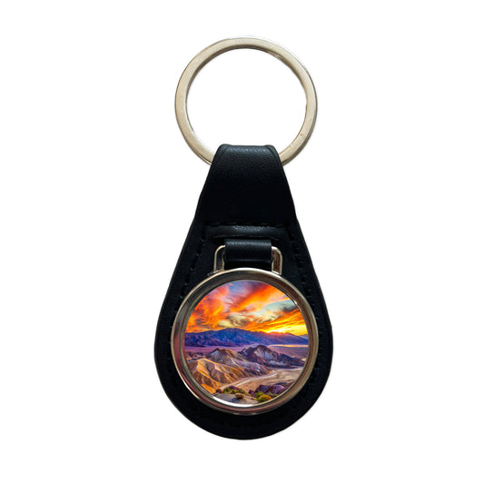 Death Valley National Park California Watercolor Style Black Leather Metal Keychain