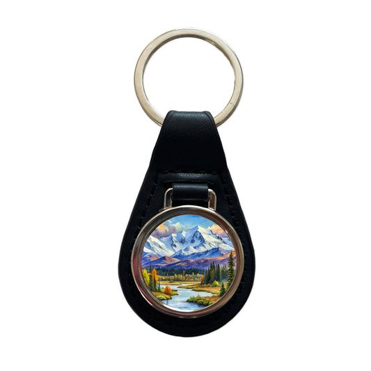 Denali National Park Alaska Watercolor Style Black Leather Metal Keychain