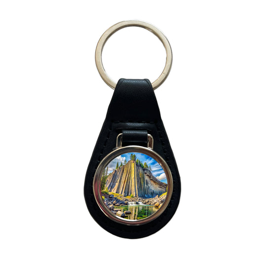 Devils Postpile National Monument California Watercolor Style Black Leather Metal Keychain