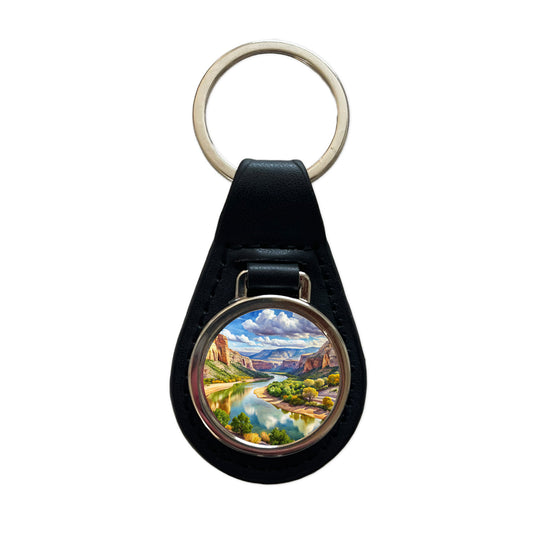 Dinosaur National Monument Colorado, Utah Watercolor Style Black Leather Metal Keychain