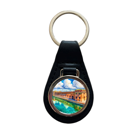 Dry Tortugas National Park Florida Watercolor Style Black Leather Metal Keychain