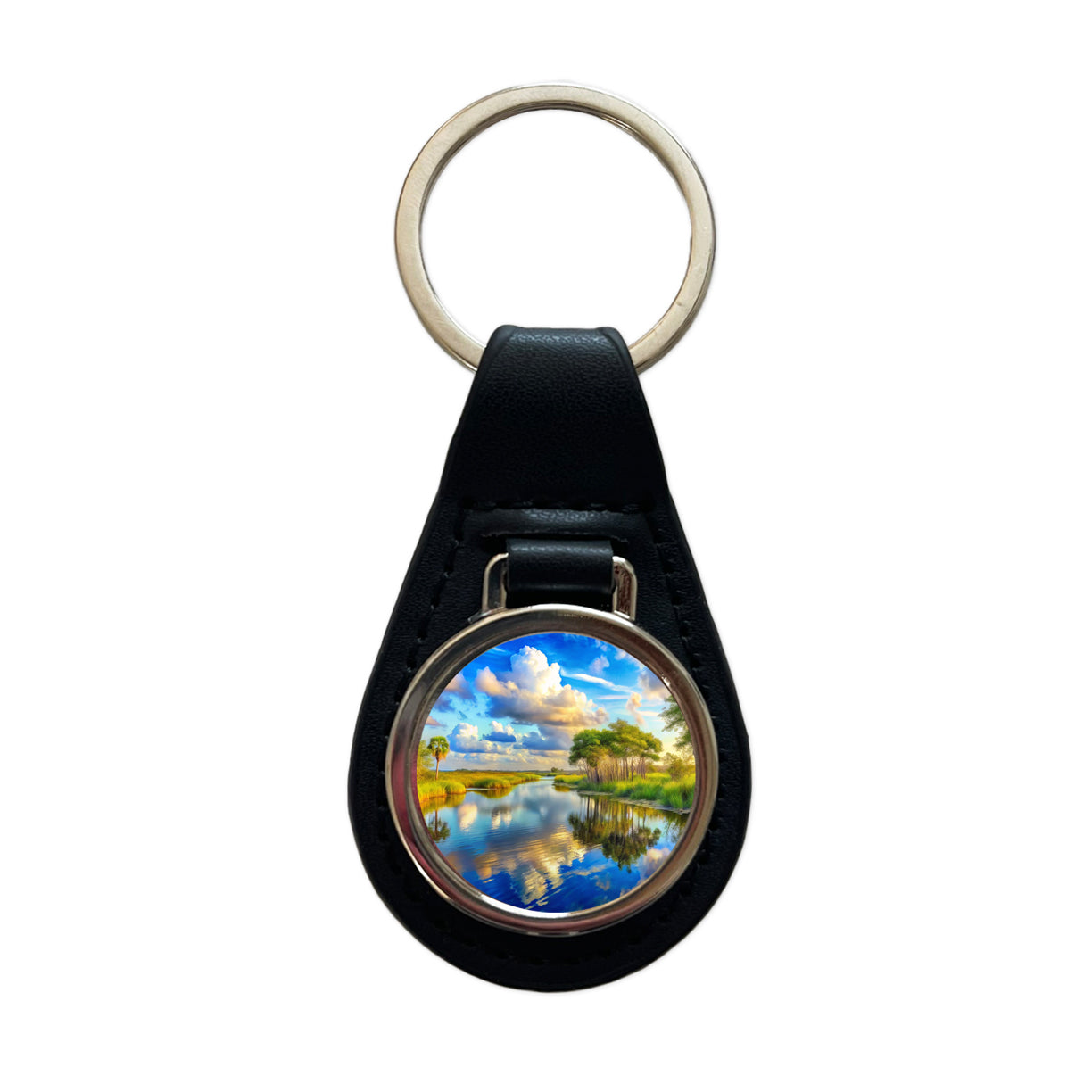 Everglades National Park Florida Watercolor Style Black Leather Metal Keychain