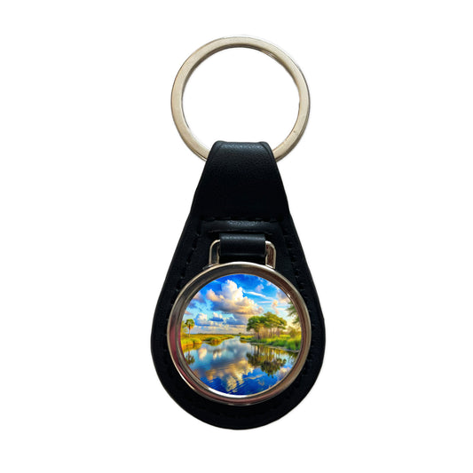 Everglades National Park Florida Watercolor Style Black Leather Metal Keychain