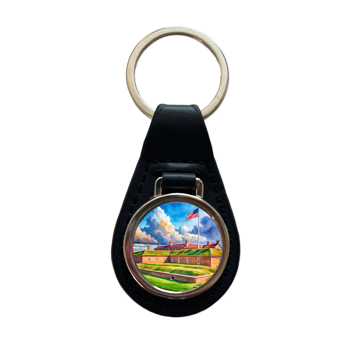 Fort McHenry National Monument Maryland Watercolor Style Black Leather Metal Keychain