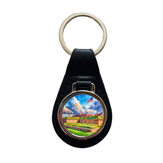 Fort McHenry National Monument Maryland Watercolor Style Black Leather Metal Keychain