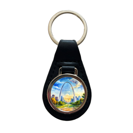 Gateway Arch National Park Missouri Watercolor Style Black Leather Metal Keychain