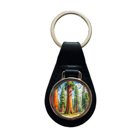 Giant Sequoia National Monument California Watercolor Style Black Leather Metal Keychain