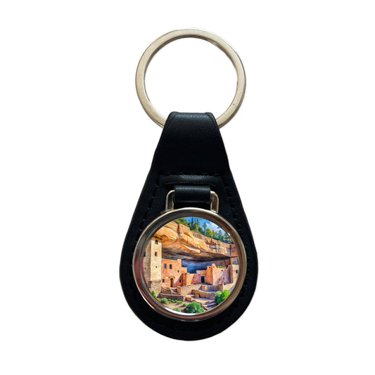 Gila Cliff Dwellings National Monument New Mexico Watercolor Style Black Leather Metal Keychain