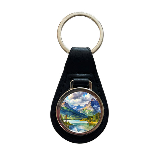 Glacier National Park Montana Watercolor Style Black Leather Metal Keychain